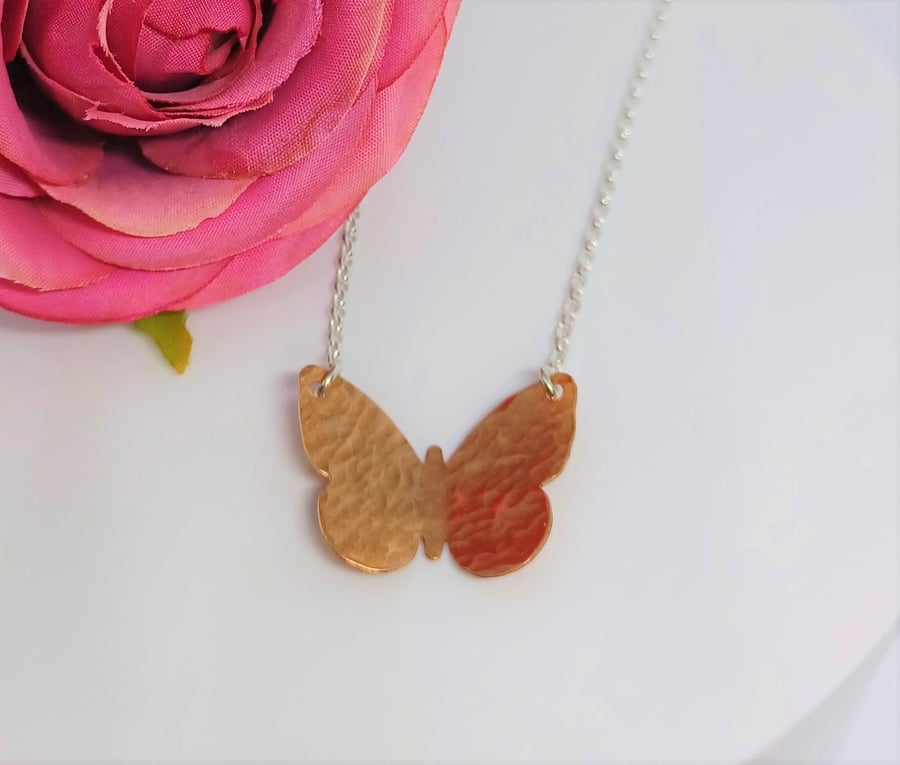 Hammered Copper 3D Butterfly Necklace, Sterling Silver Butterfly Necklace, Mixed