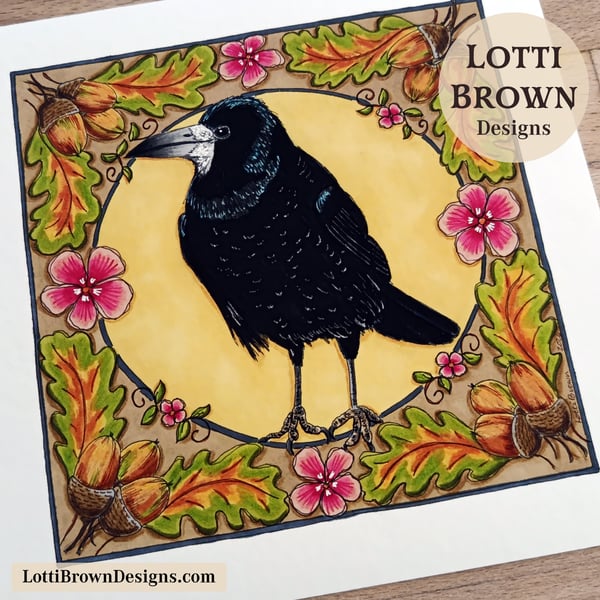 Rook Art Print (8x8") - Hand-Drawn British Bird Illustration
