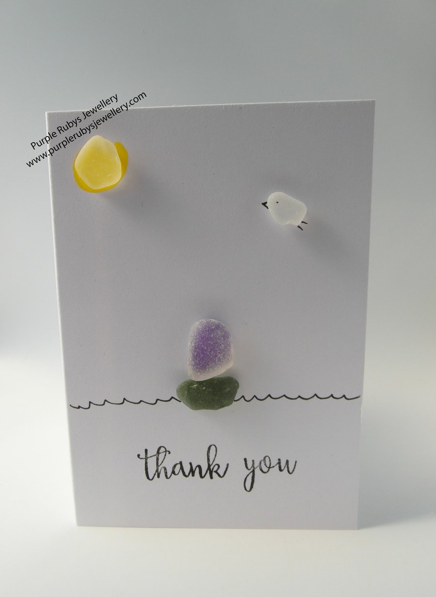 Purple Coloured Sea Glass Ship & Bird Thank You Card C113