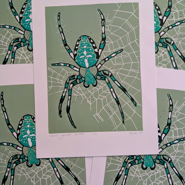 Green Garden Spider Lino Print 