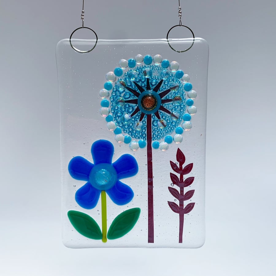 Fused Glass Flower and Allium Hanging - Handmade Glass Suncatcher