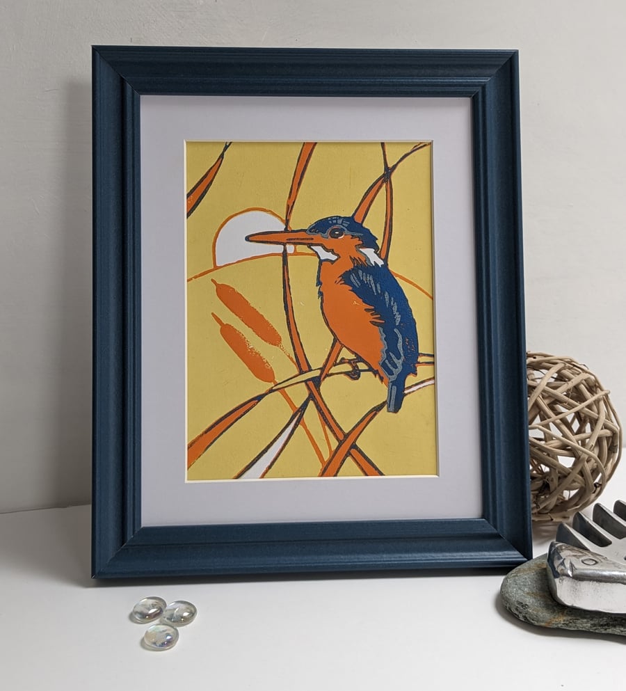 Handmade Linoprint 'Kingfisher' original handprinted Gift 