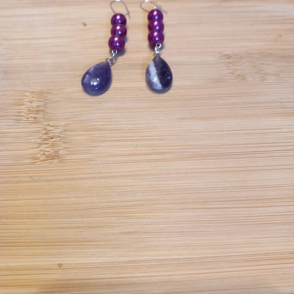 Amethyst and pearl drop earrings for pierced ears