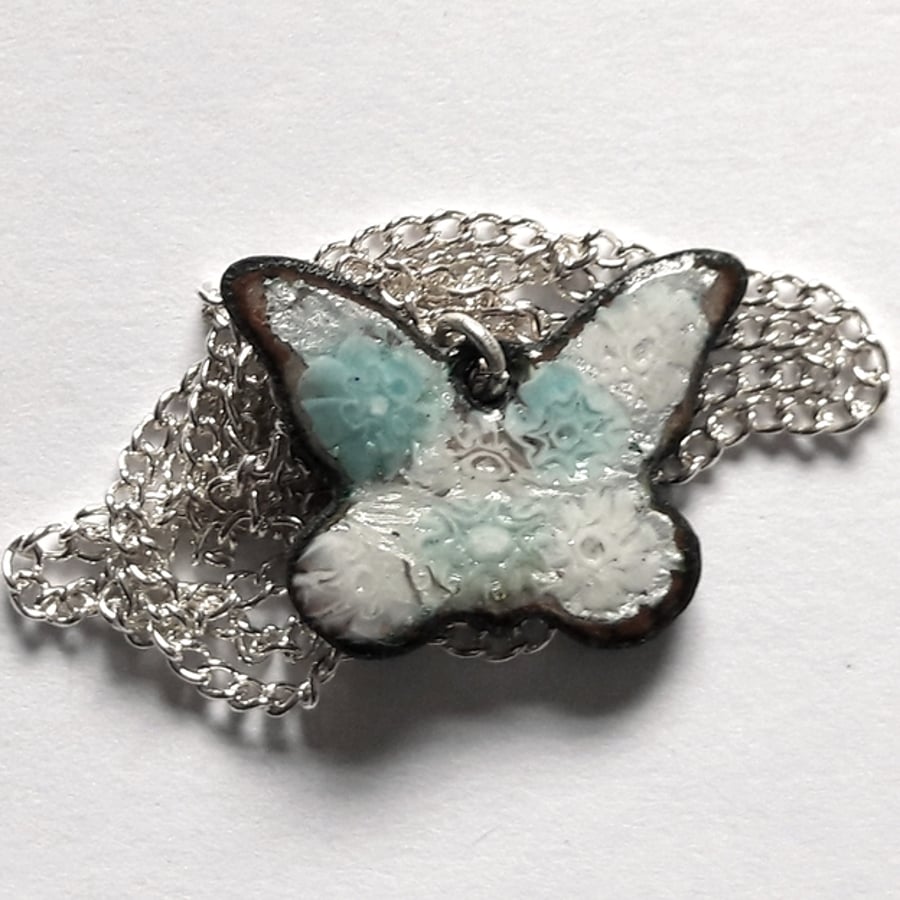 pendant - butterfly, pale blue and white millefiore over silver
