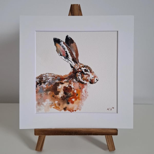 Original Hare Painting, Watercolour Art, 15x15cm, Mounted 8x8"