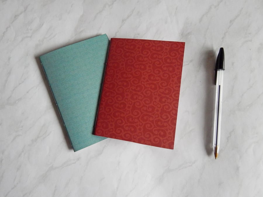 A6 Notebooks - Pair of Patterned notebooks turquoise & red. Gifts for Him. 