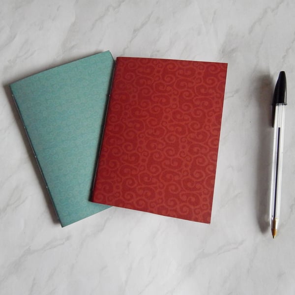 A6 Notebooks - Pair of Patterned notebooks turquoise & red. Gifts for Him. 