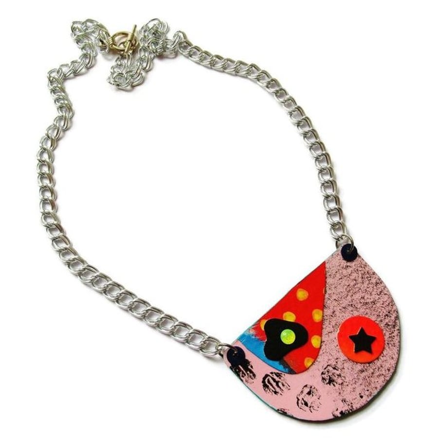 Pink Red Necklace Hand Painted Fun Abstract Indie Colourful Bib On Chunky Chain
