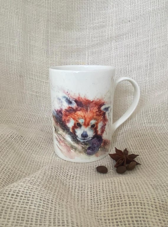 Red Panda Watercolor Bone China Mug - Wildlife Art by Sandi Mower