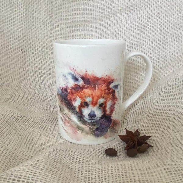 Red Panda Watercolor Bone China Mug - Wildlife Art by Sandi Mower
