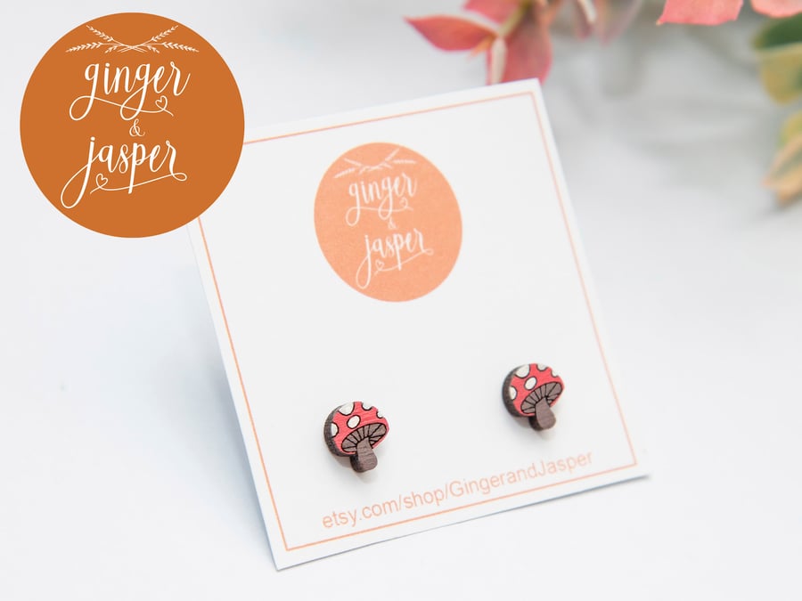 Hand Painted Wooden Mushroom Earrings, Wood Toadstool Studs, Cute Hand Crafted