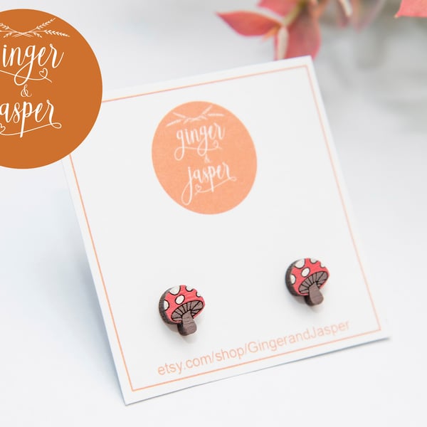 Hand Painted Wooden Mushroom Earrings, Wood Toadstool Studs, Cute Hand Crafted