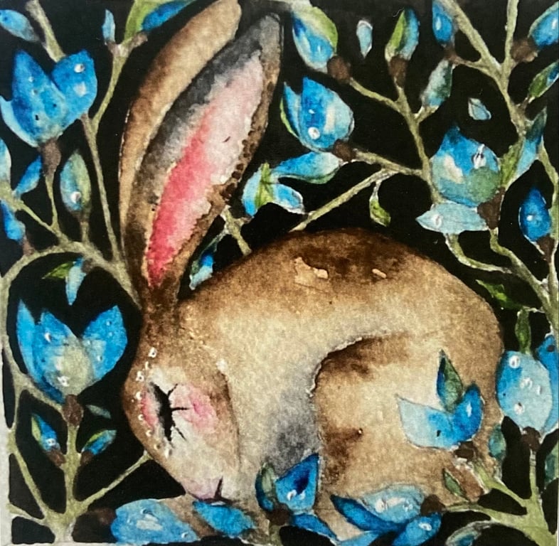 Whimsical Resting Hare Rabbit Surrounded by Blue Flowers Watercolour Print