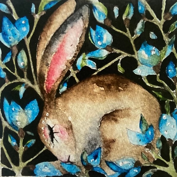 Whimsical Resting Hare Rabbit Surrounded by Blue Flowers Watercolour Print