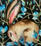 Whimsical Resting Hare Rabbit Surrounded by Blue Flowers Watercolour Print
