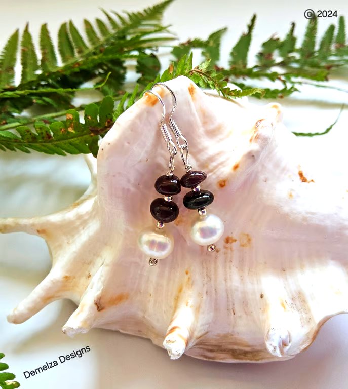 Freshwater Pearl & Indian Red Garnet Sterling Silver Earrings