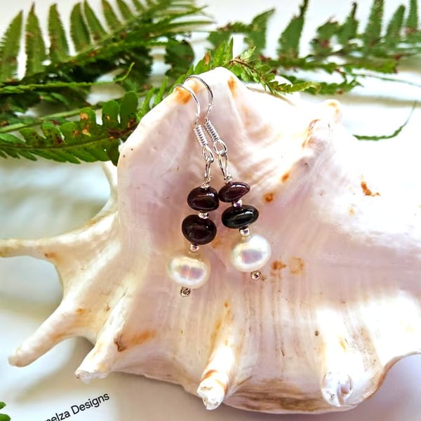 Freshwater Pearl & Indian Red Garnet Sterling Silver Earrings