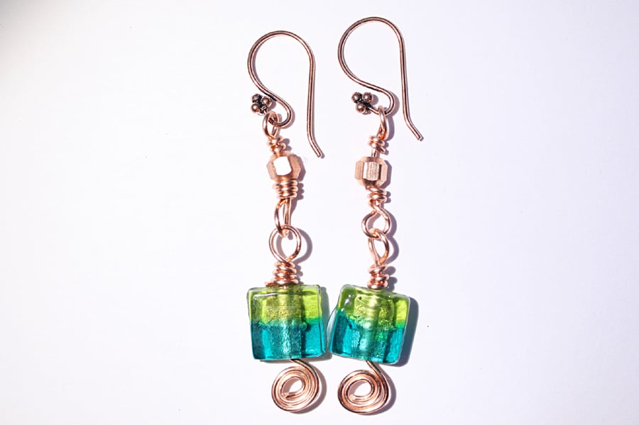 Two tone green glass bead and copper dangle earrings, Copper spiral jewellery