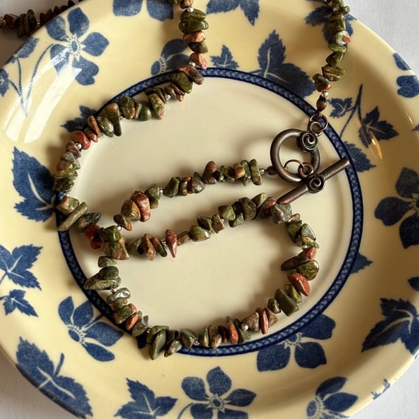 Boho unakite chip necklace