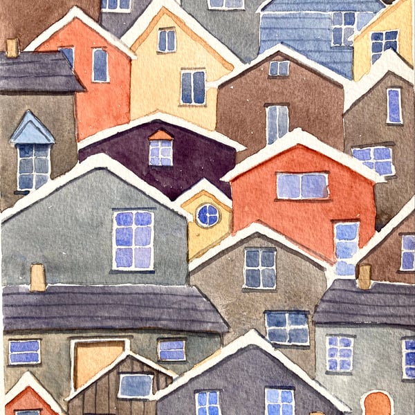 Colourful Scandinavian cottages original watercolour art