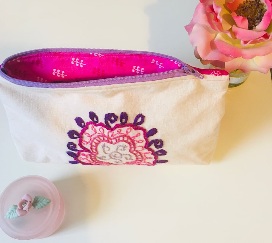Handmade hand embroidered makeup toiletries bag 
