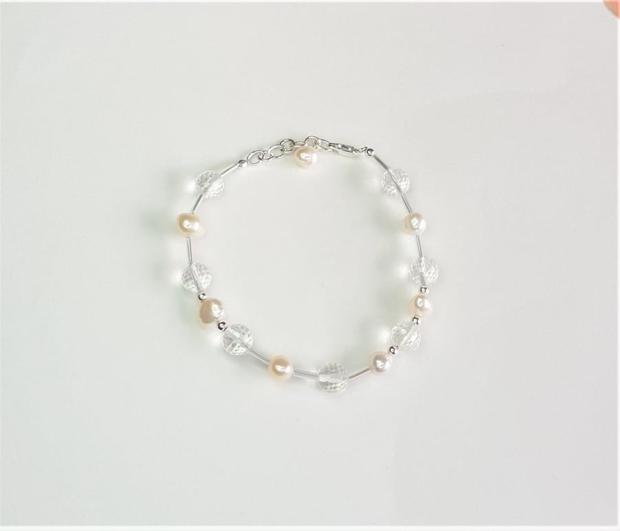 Clear Quartz, Freshwater Pearl and Sterling Silver extendable Bracelet