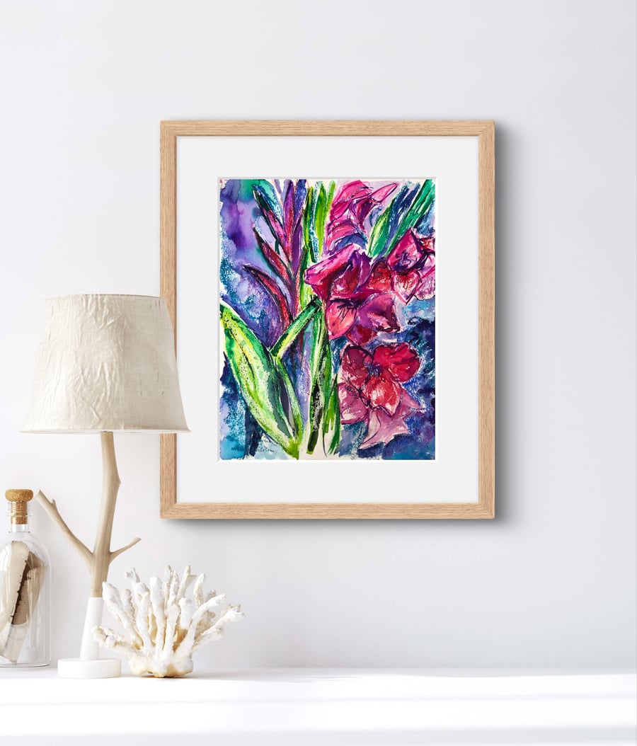 Gladioli Original Watercolour Painting, A4 piece with white card mount