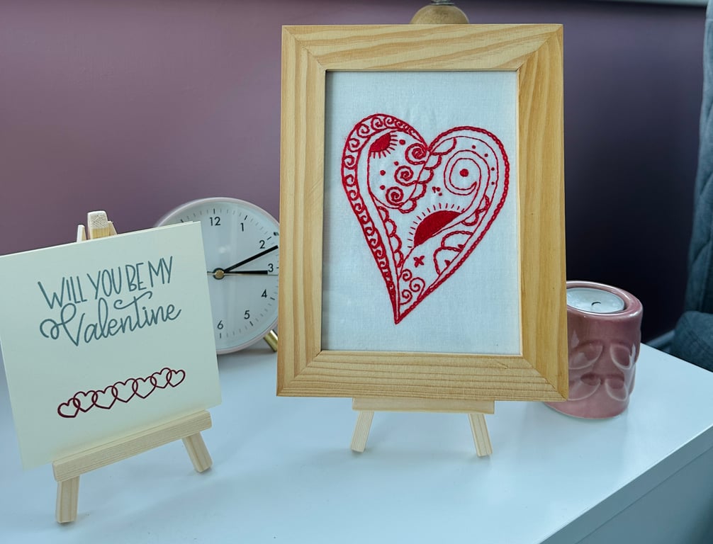 Embroidered heart in a frame, gift of love, birthday ,engagement, anniversary 