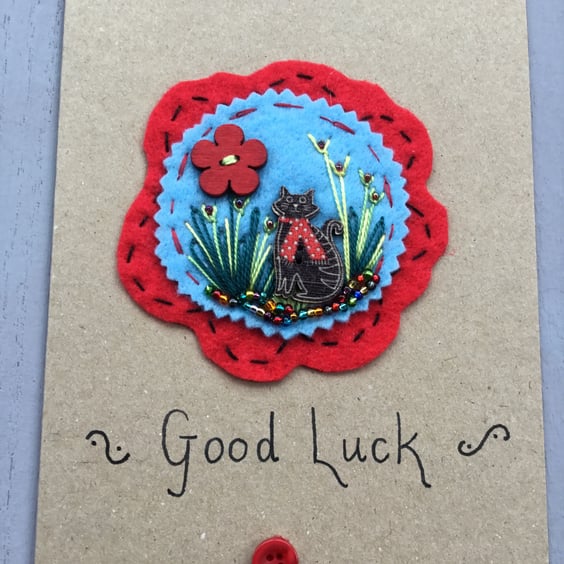 Hand Embroidered Good Luck Card
