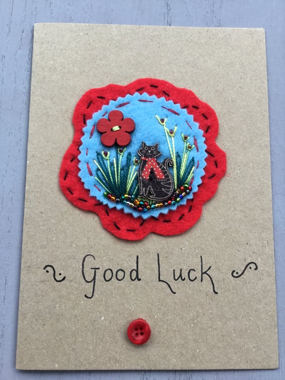 Hand Embroidered Good Luck Card