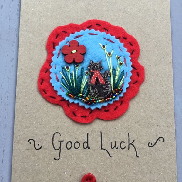 Hand Embroidered Good Luck Card