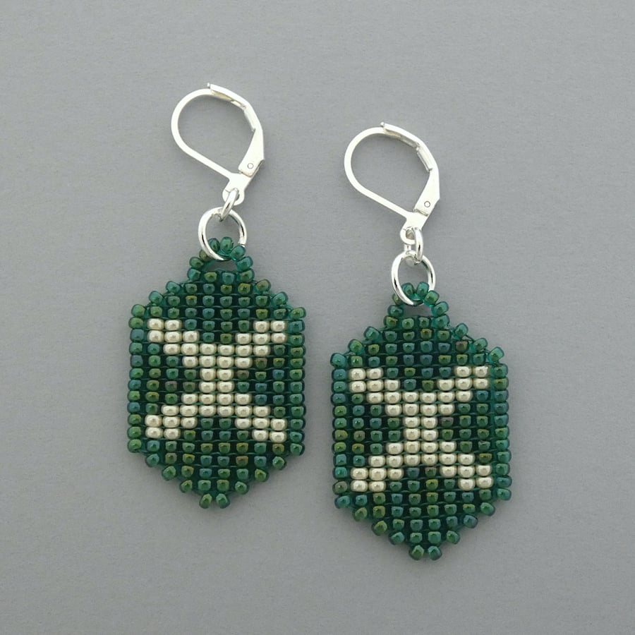 Letter X glass beaded earrings with silver plated leverback hinged ear wires.   