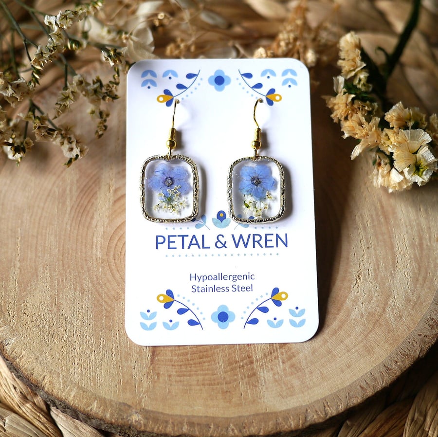 Rectangle Forget Me Not & Cow Parsley Dangle Earrings - Hypoallergenic