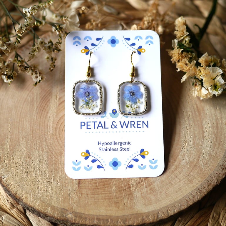 Rectangle Forget Me Not & Cow Parsley Dangle Earrings - Hypoallergenic