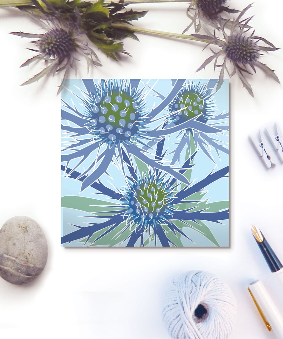 Blue Eryngium card - seaside flower, thistle, for gardeners