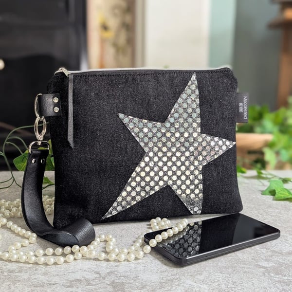 Upcycled Denim Clutch Sequin Pouch Bag - Pouch Bag with Detachable Leather Strap