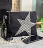 Upcycled Denim Clutch Sequin Pouch Bag - Pouch Bag with Detachable Leather Strap