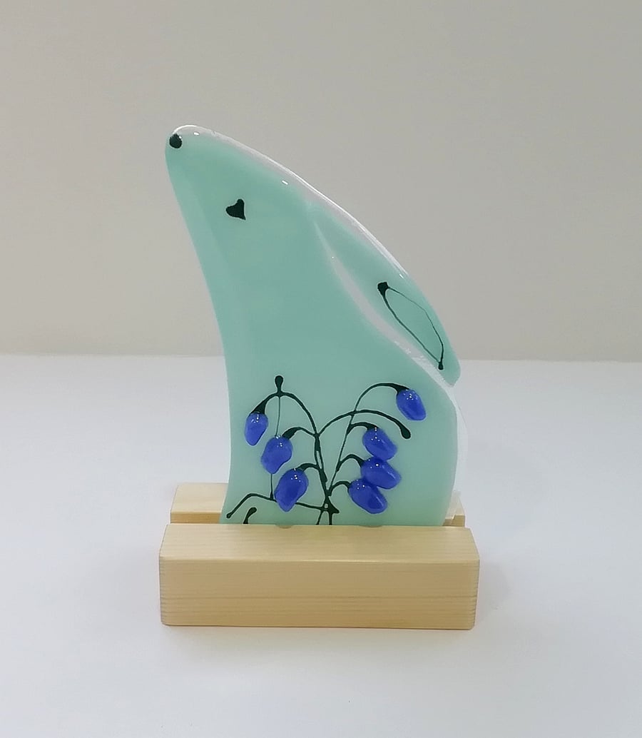 Bluebell Fused Glass Hare: Folk Art Moongazing Sculpture