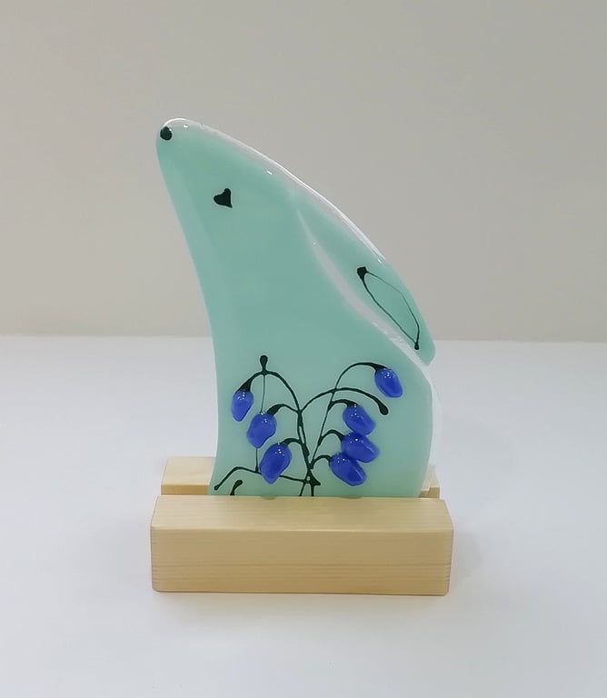 Bluebell Fused Glass Hare: Folk Art Moongazing Sculpture