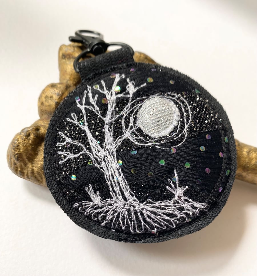 Up-cycled full moon and tree key ring or bag charm.