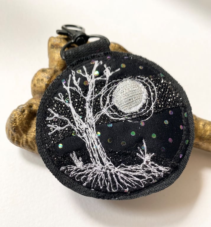 Up-cycled full moon and tree key ring or bag charm.