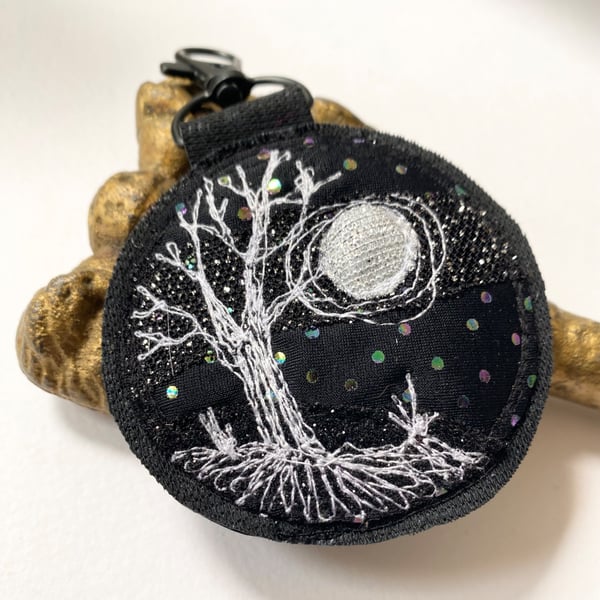 Up-cycled full moon and tree key ring or bag charm.