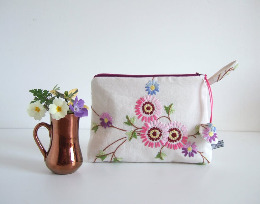 Sale craft Make up or cosmetics bag made from floral   vintage table linen.
