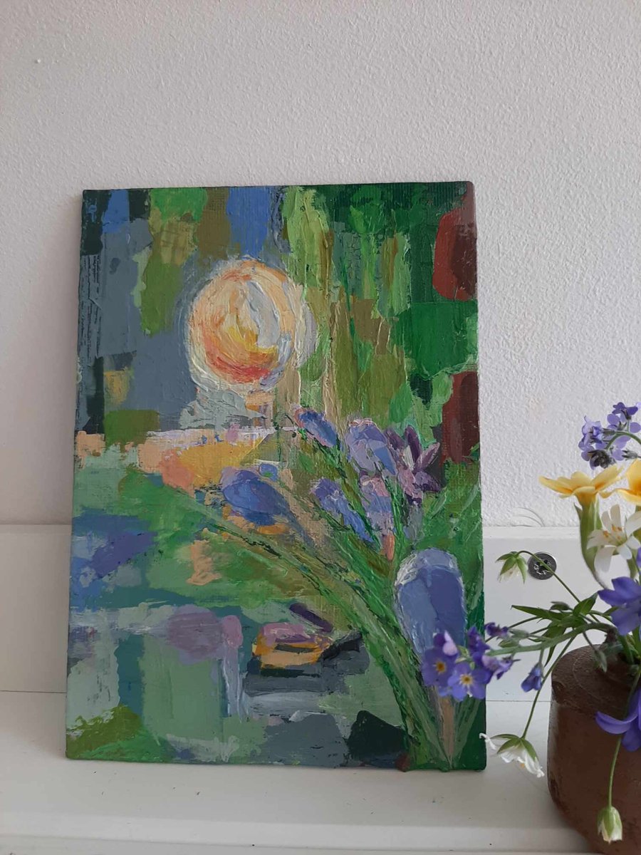 Crocus lean to the sun - small original abstract painting 