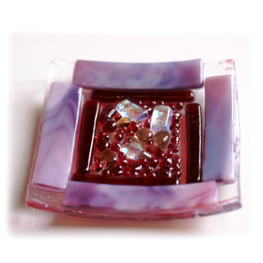 Fused Glass Trinket Dish 7cm Pink Bordered Dichroic 002