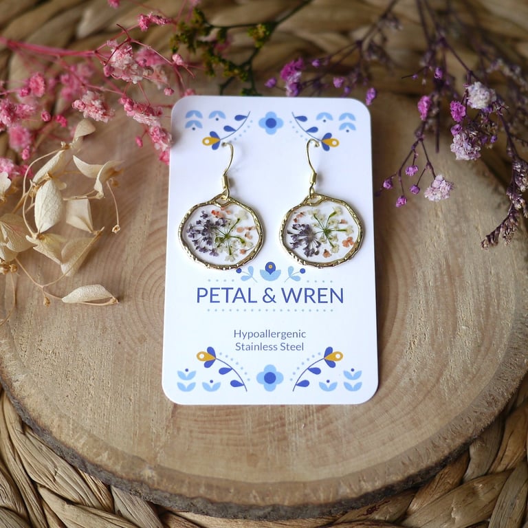Real Pressed Flower Dangle Drop Earrings Hypoallergenic