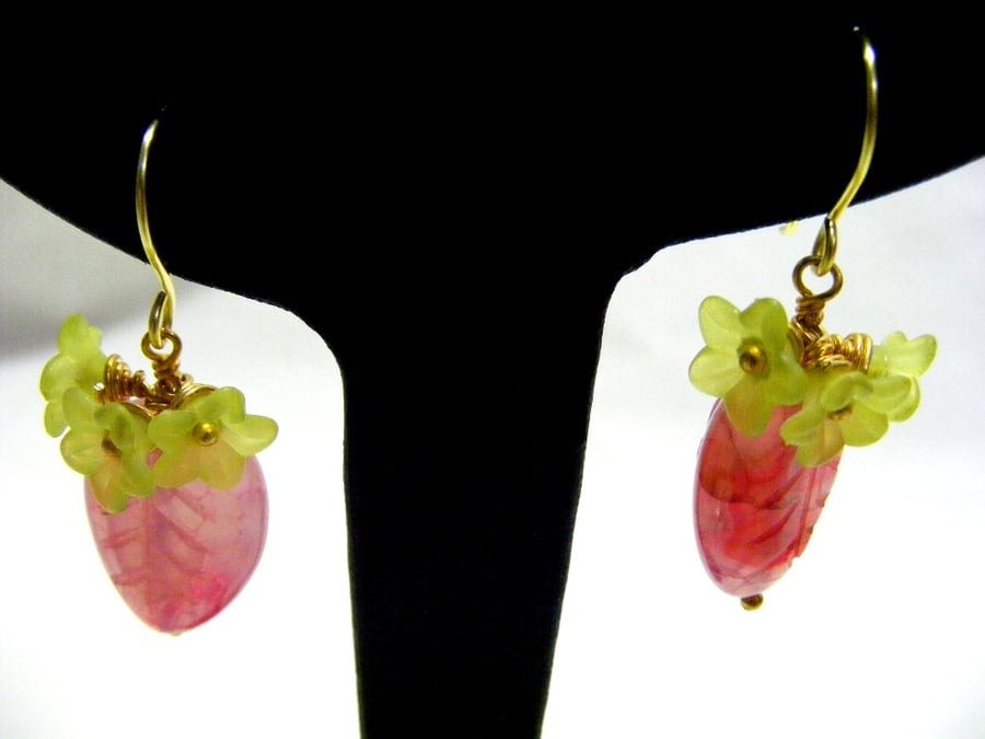 Pink and Green Flower and Leaf Earrings