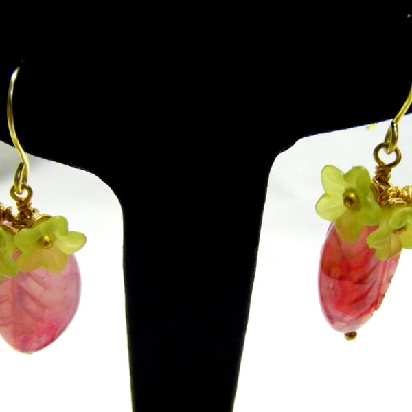 Pink and Green Flower and Leaf Earrings