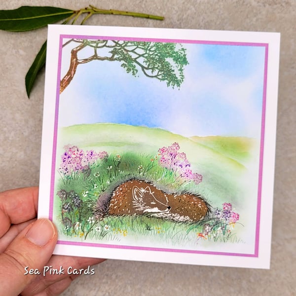 Card - blank cards, handmade, sleeping fox, wildlife, countryside, birthday