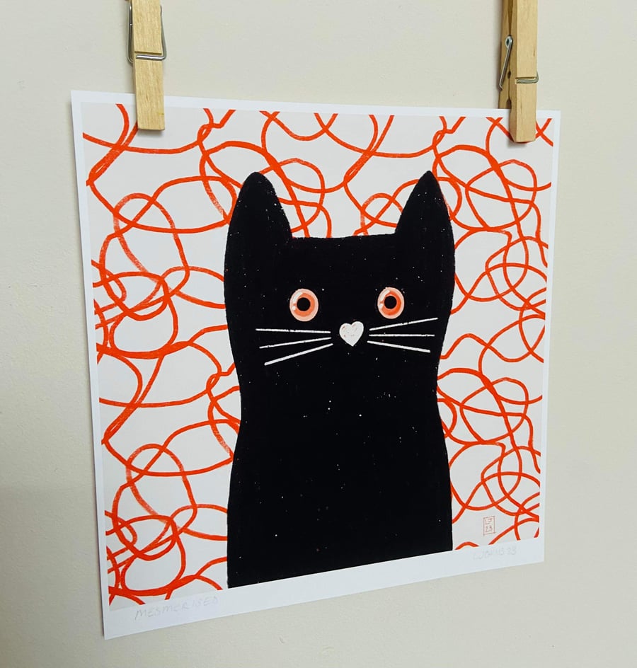 Art print illustration wall art black cat mesmerised by yarn 